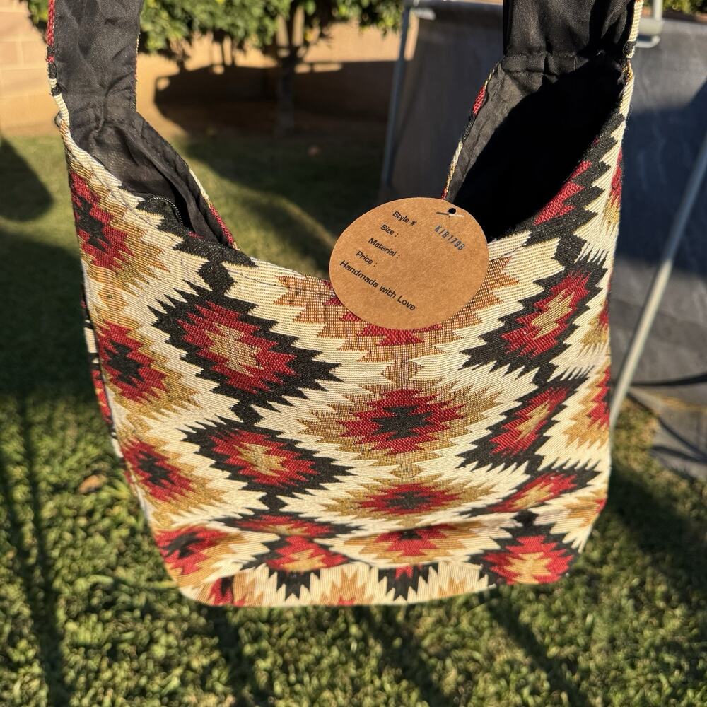 Handmade Blanket Tote Southwestern Navajo Boho Tan Red Black Large Shoulder Bag